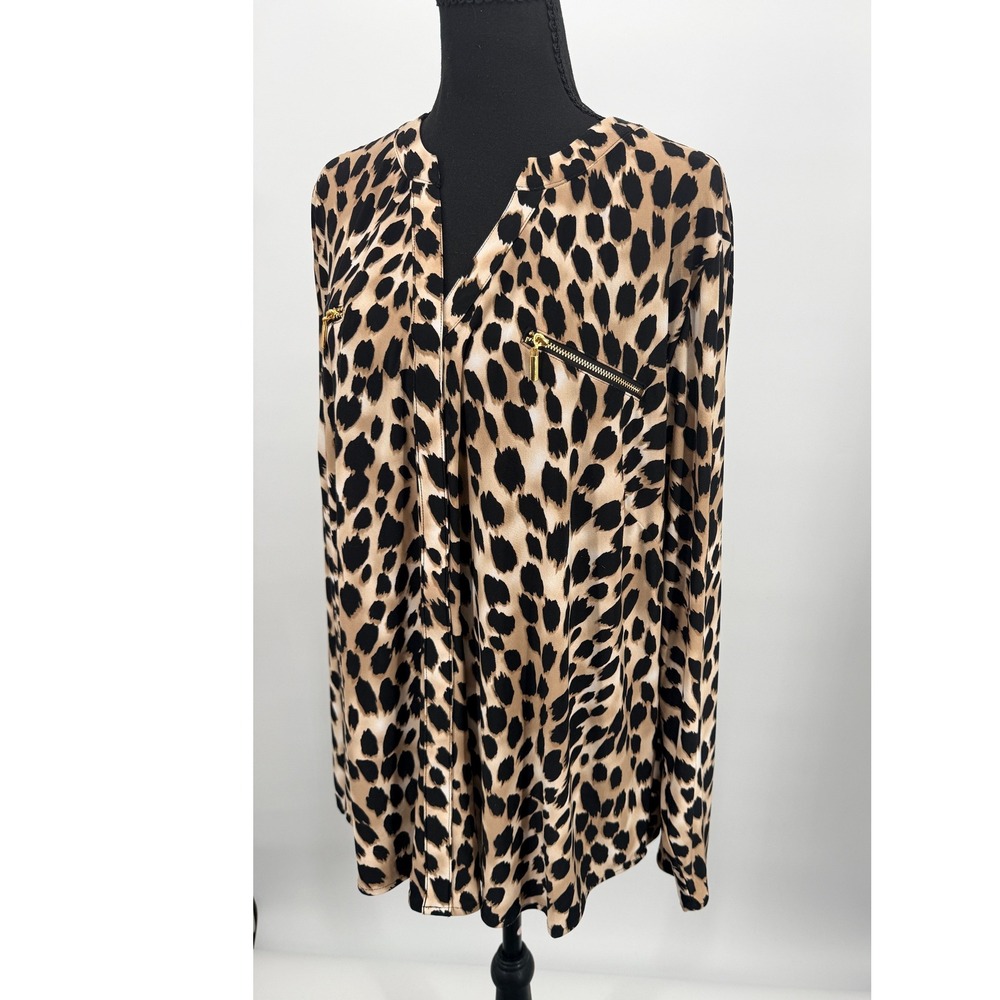INC Blouse Womens 3X Tan Leopard Print Zipper Accent Tunic Top